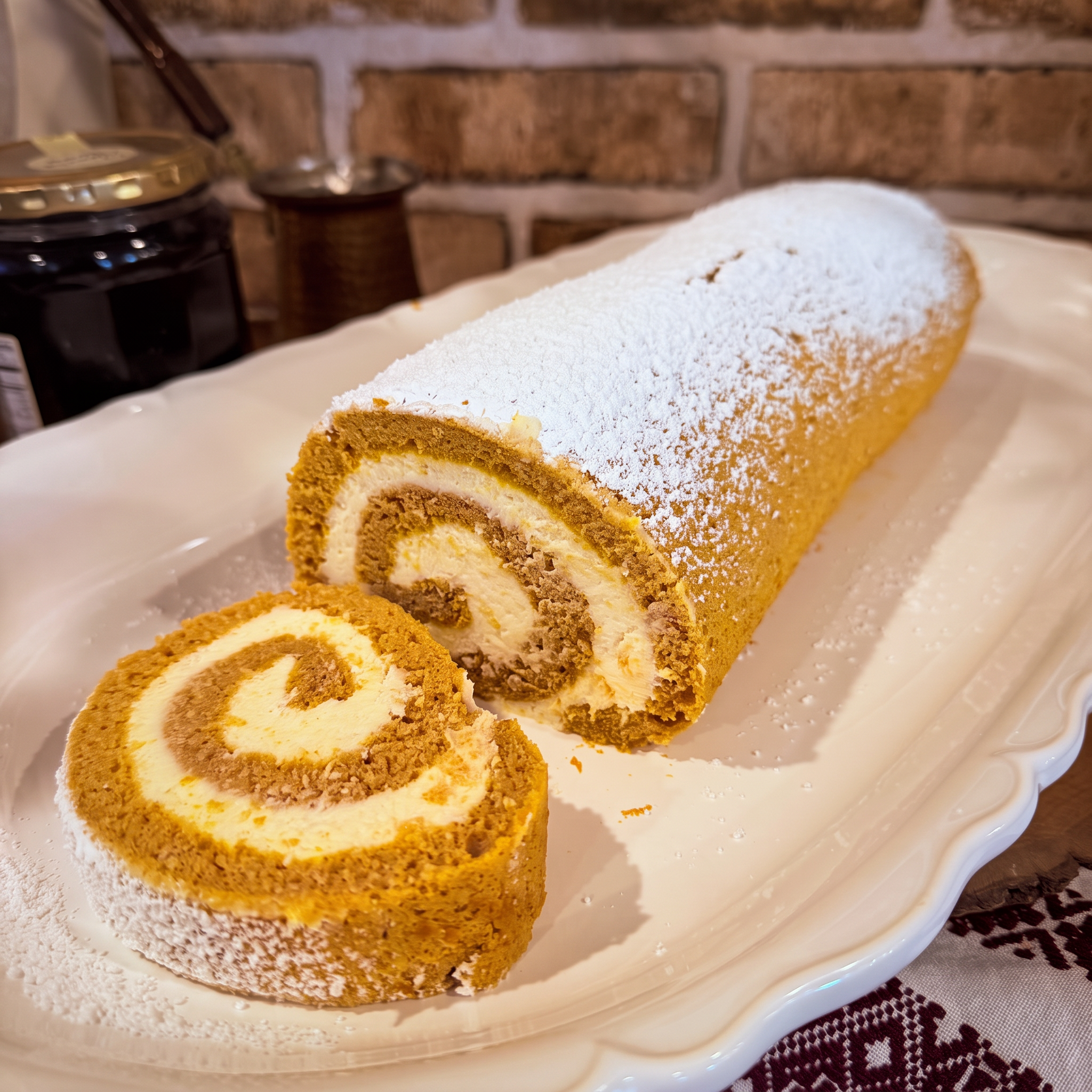 Sliced pumpkin roulade dusted with powdered sugar, showing a spiral of spiced pumpkin sponge and cream filling — European-style pumpkin roll from Mama Rozi's Bakehouse in LaGrange, KY