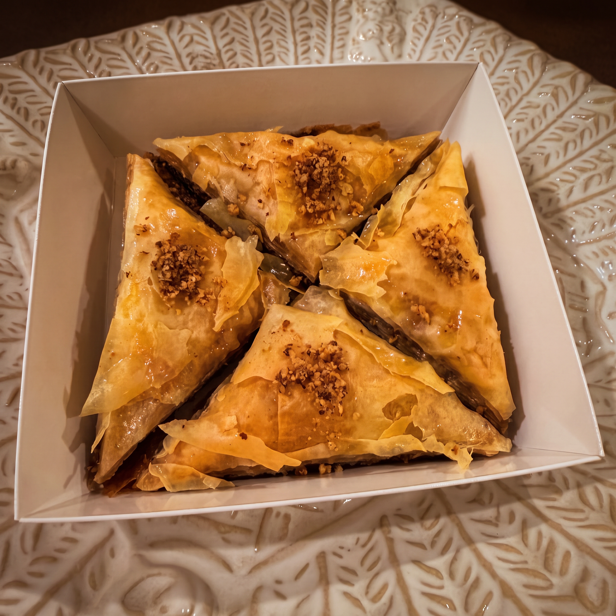 Walnut Baklava — Layers of flaky phyllo and spiced walnuts soaked in honey syrup. Four 2×2 inch pieces per box. Available to order for pickup from Mama Rozi's Bakehouse, LaGrange, KY.