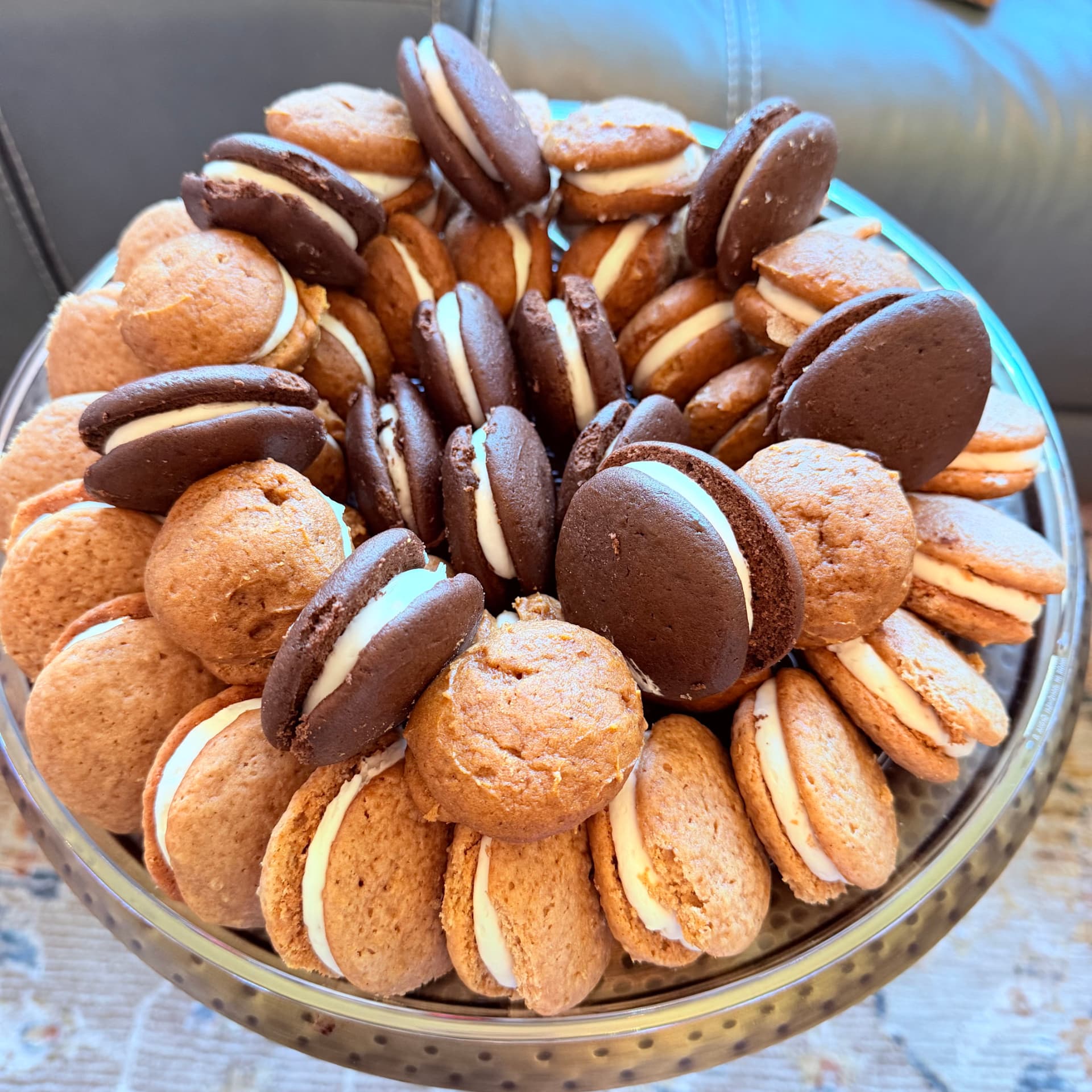 Party platter filled with chocolate and spiced whoopie pies with creamy filling — Mama Rozi's Bakehouse in LaGrange, KY