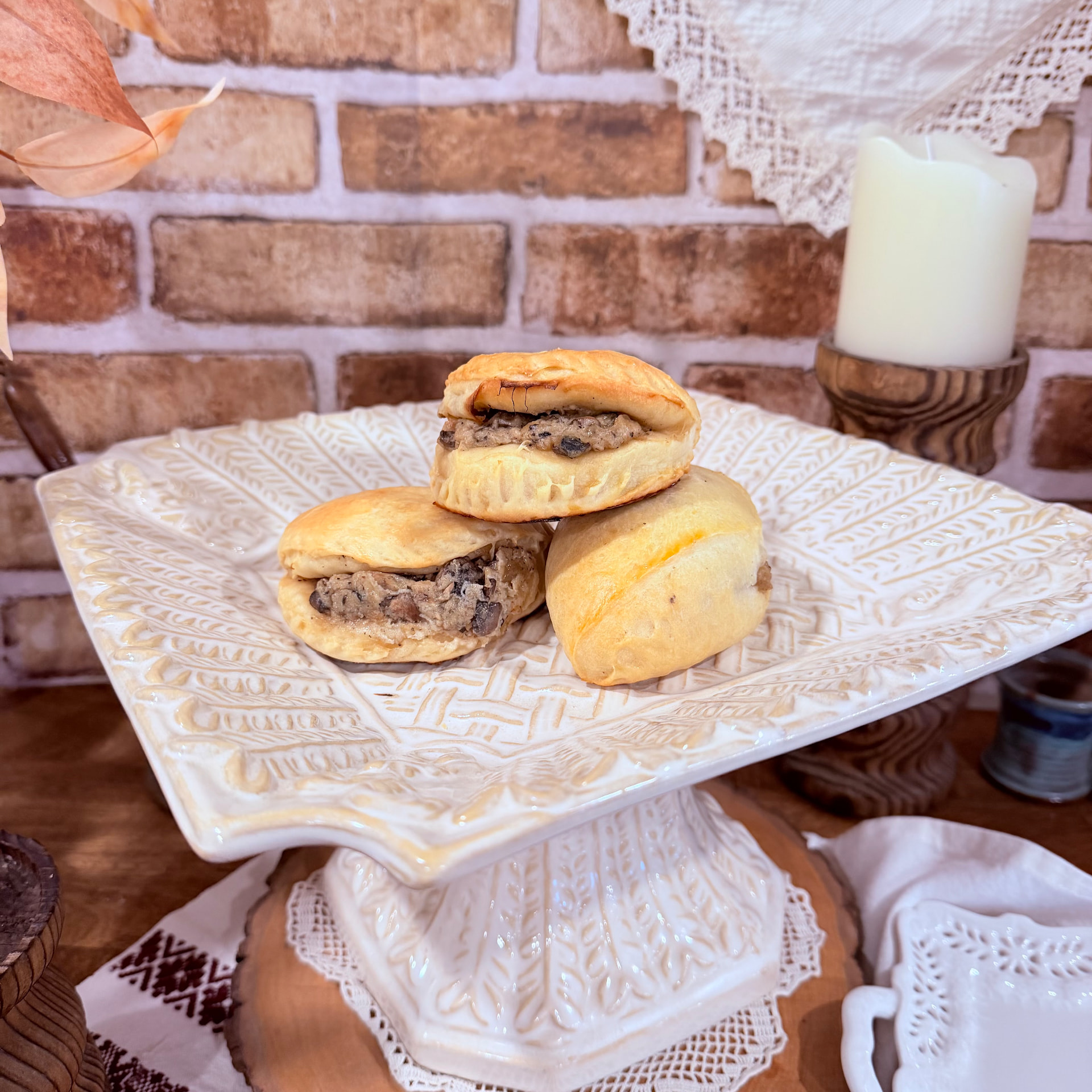Mushroom thyme kolachi pastries sliced open to show the savory filling — Mama Rozi's Bakehouse in LaGrange, KY