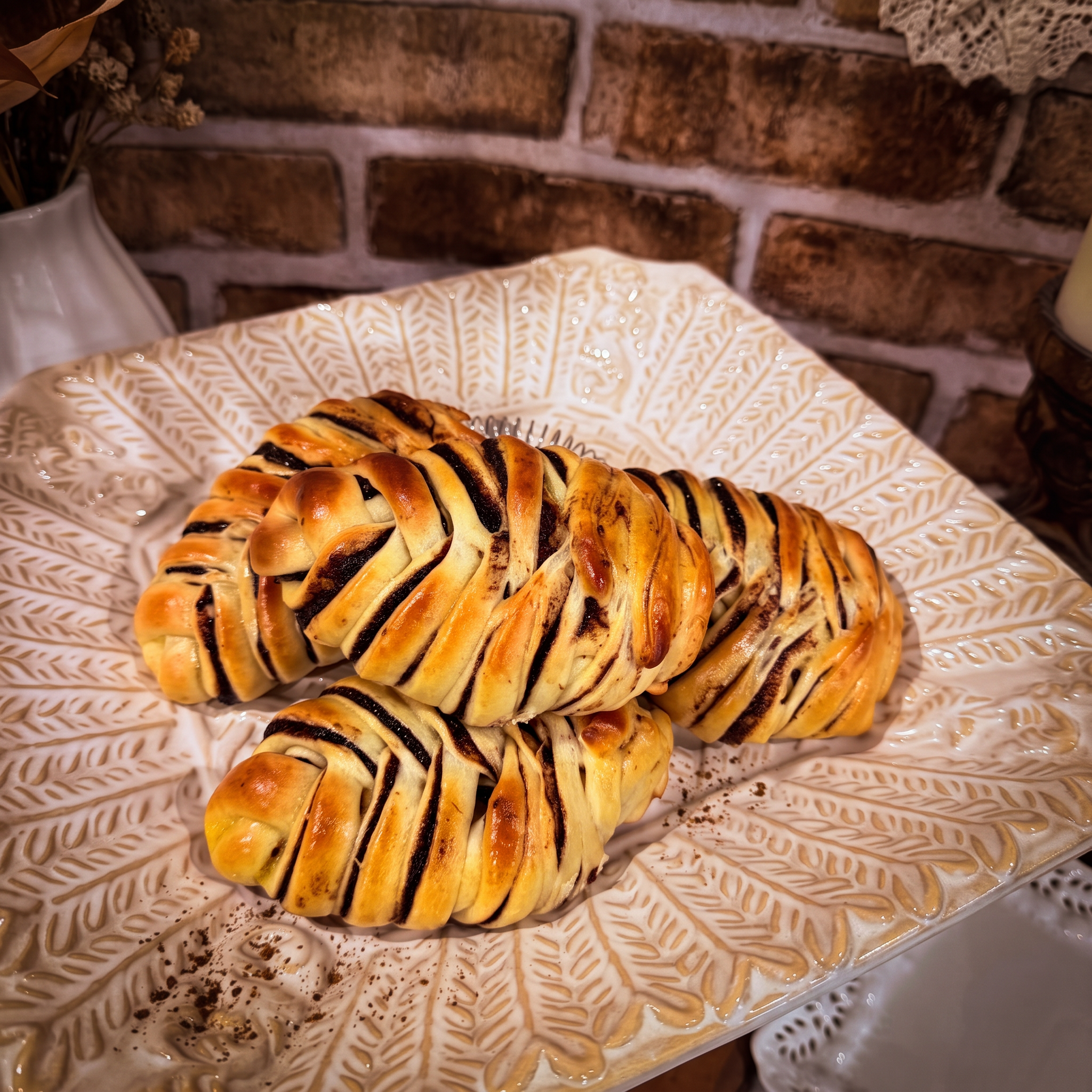 Braided golden-brown plum brioche buns on an ornate plate — Mama Rozi's Bakehouse in LaGrange, KY