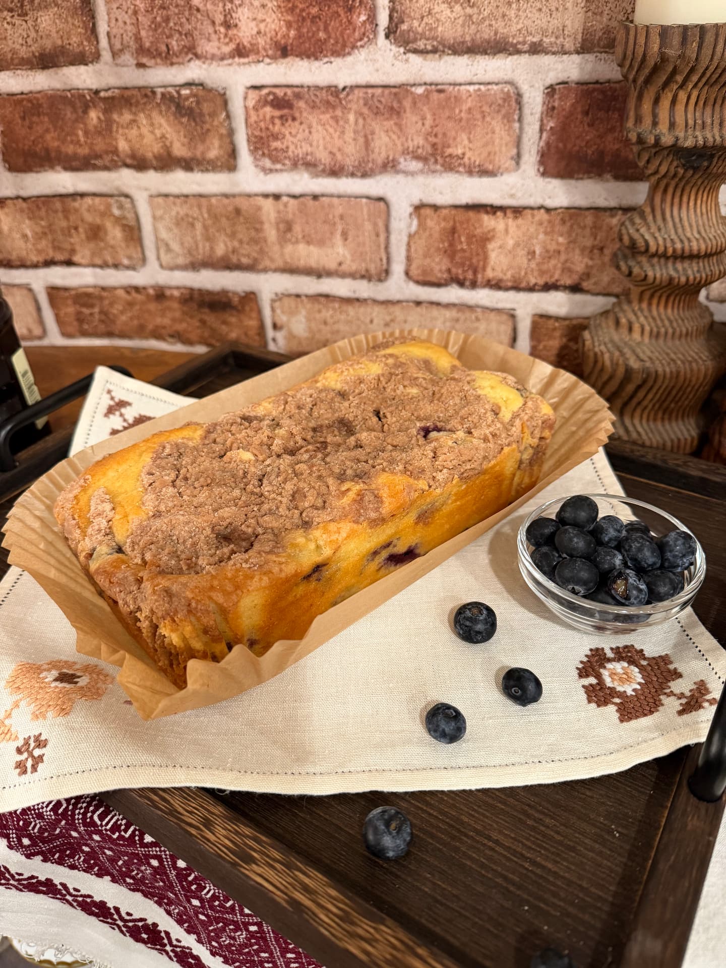 Streusel-topped tea cake loaf with fresh blueberries by Mama Rozi Care bakery in LaGrange, KY