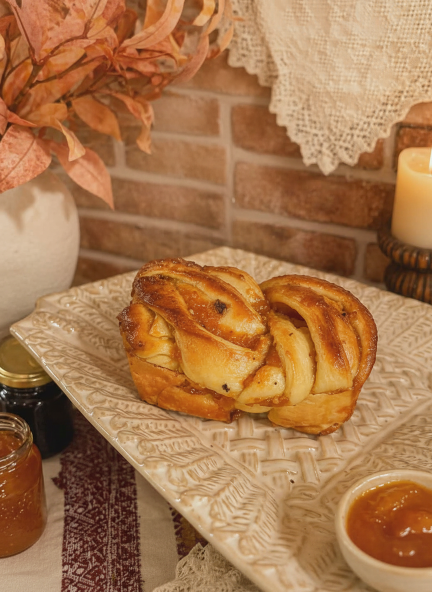 Hungarian apricot babka loaf with golden braided crust