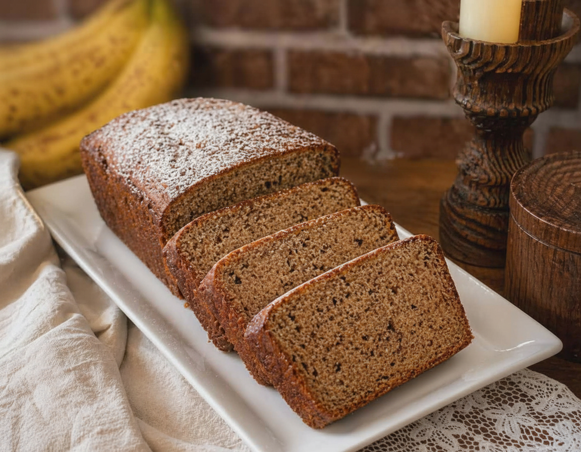 Homemade banana bread loaf, freshly sliced