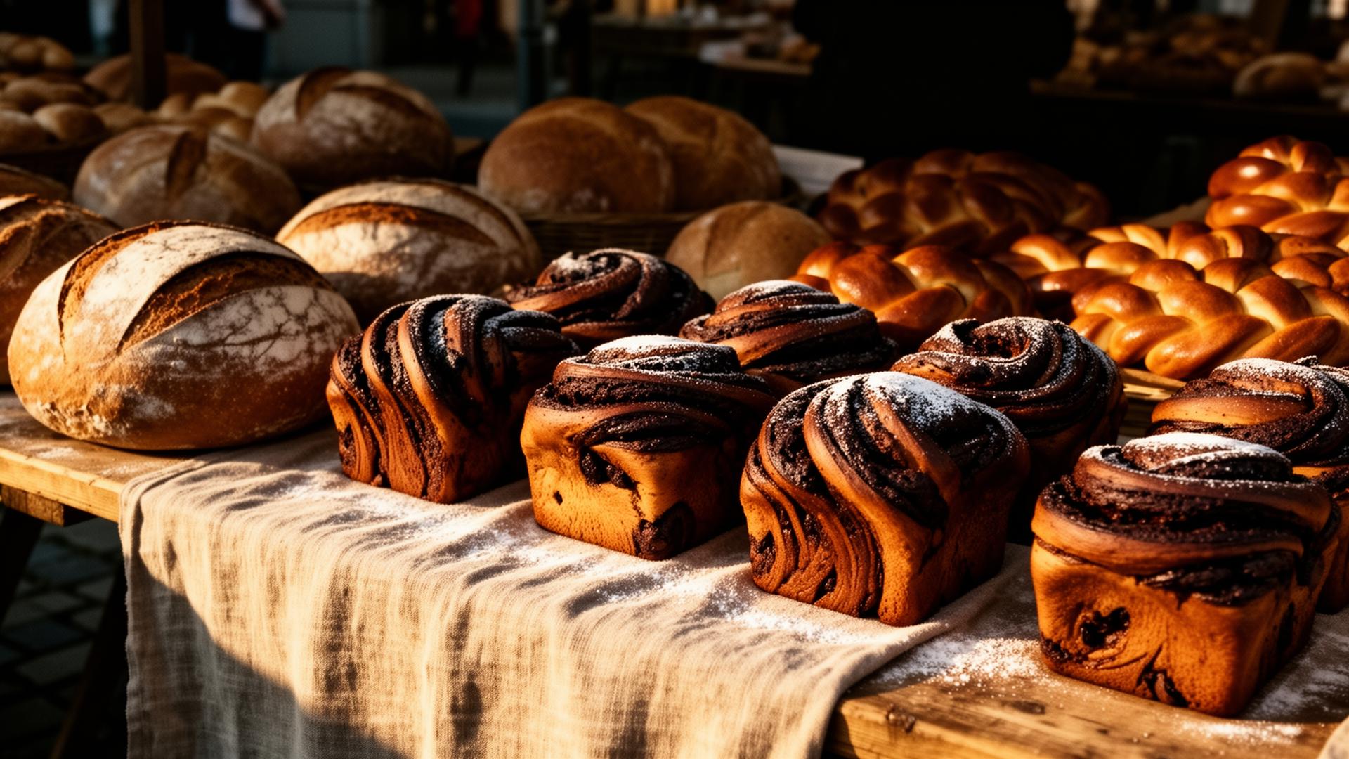 Fresh chocolate babka and braided Hungarian breads on a market table at Mama Rozi's Bakehouse in LaGrange, KY
