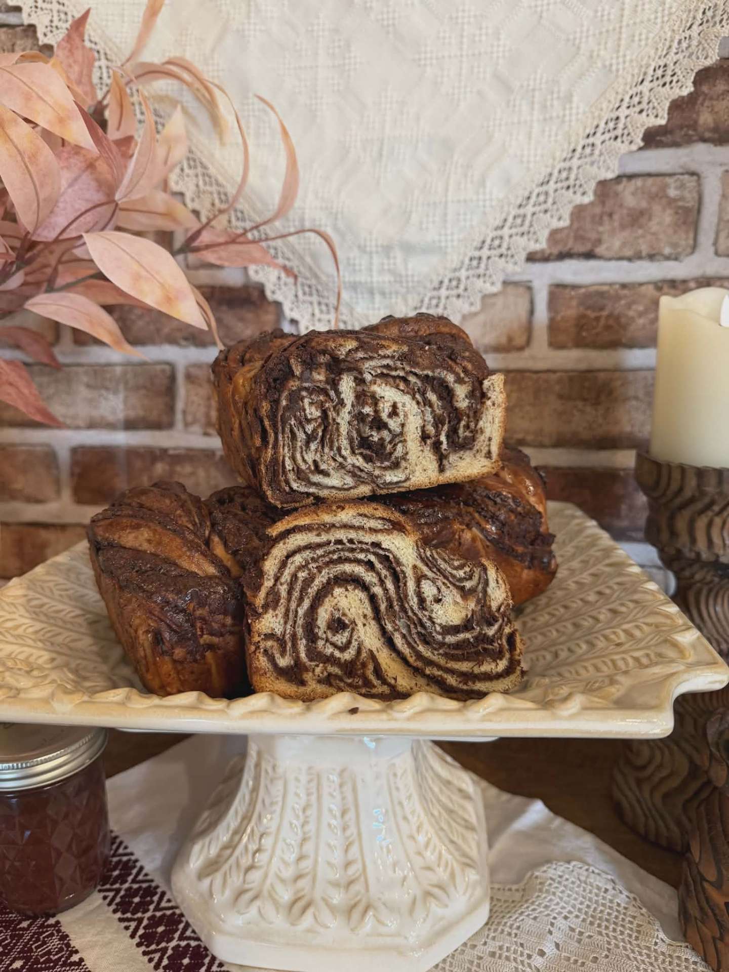 Stack of freshly baked babka loaves cooling