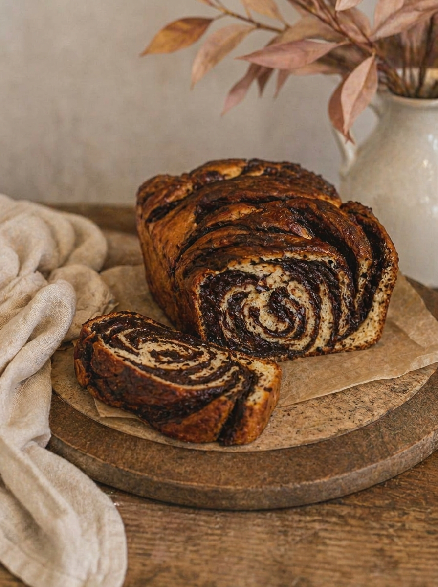 Sliced chocolate babka loaf showing rich swirled layers