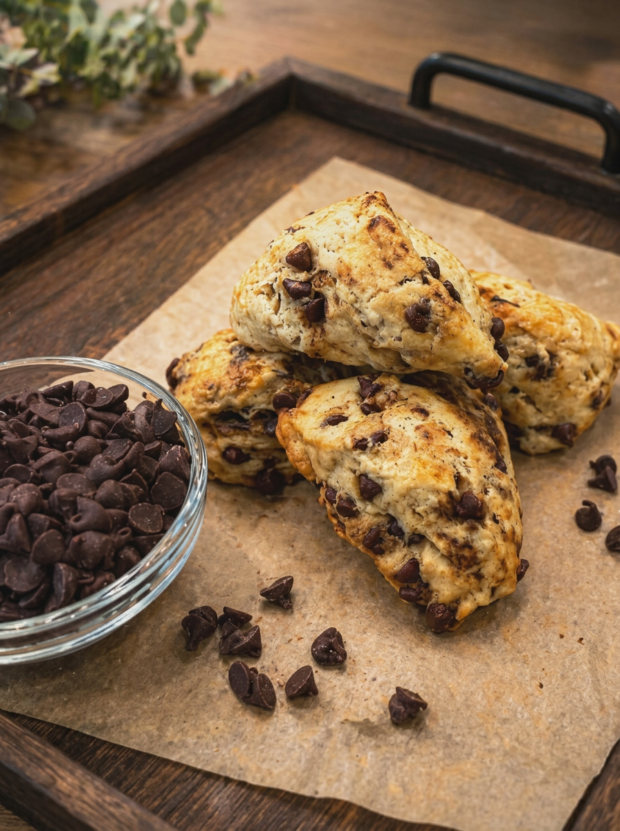 Chocolate chip scones cooling on a rack