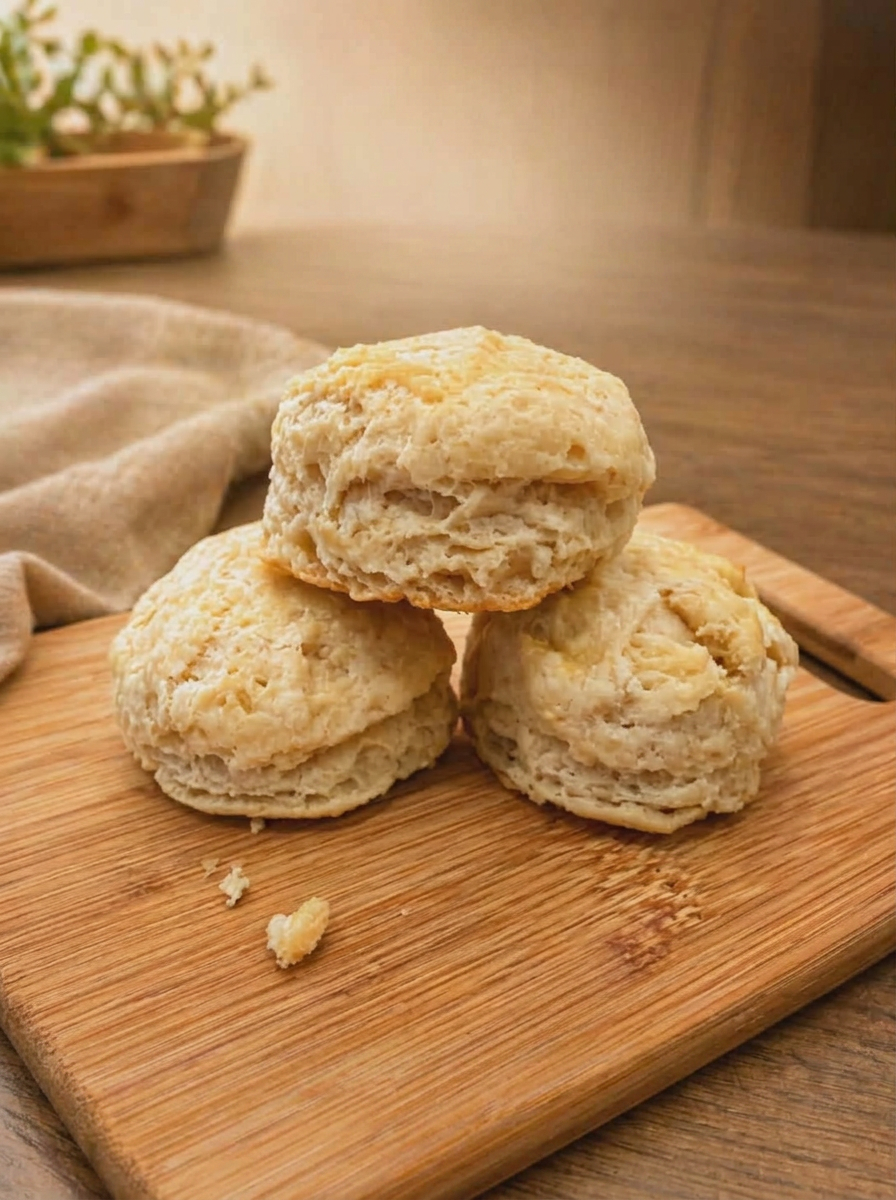 Buttery plain biscuits stacked on a board