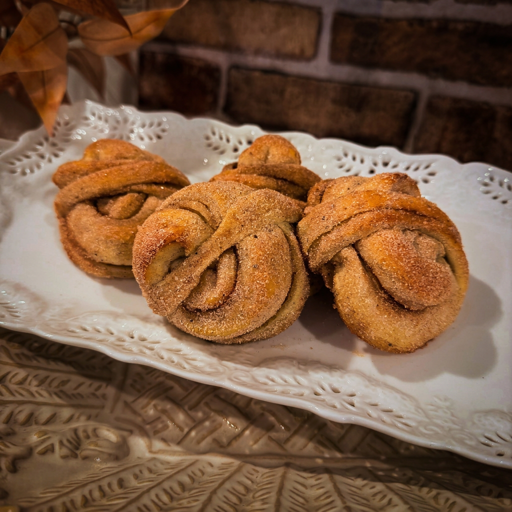 Four golden cardamom knotted buns dusted with cardamom sugar — Mama Rozi's Bakehouse in LaGrange, KY
