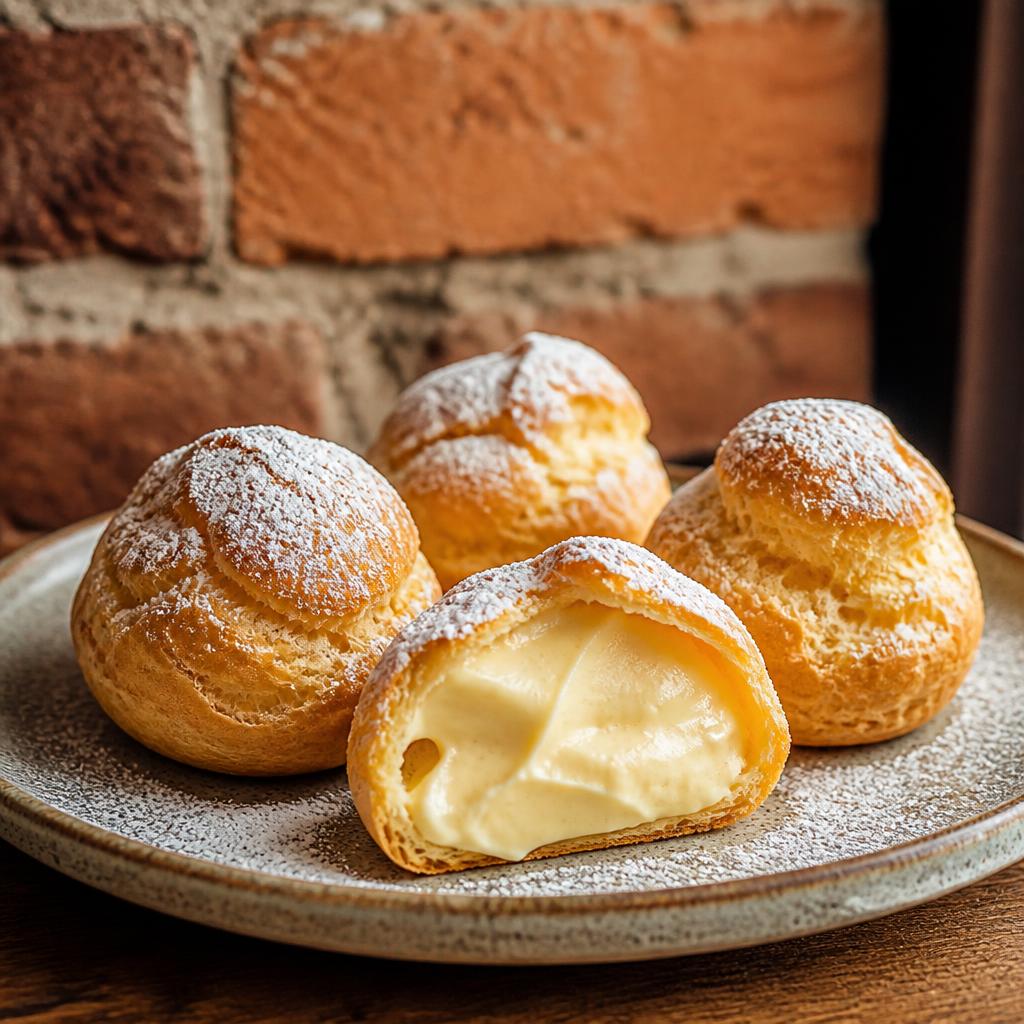 Cream Puffs — Eight medium choux puffs filled with silky pastry cream, all one flavor. Pick your filling and finish, dusted with powdered sugar or dipped in chocolate ganache (+$1). Available to order for pickup from Mama Rozi's Bakehouse, LaGrange, KY.