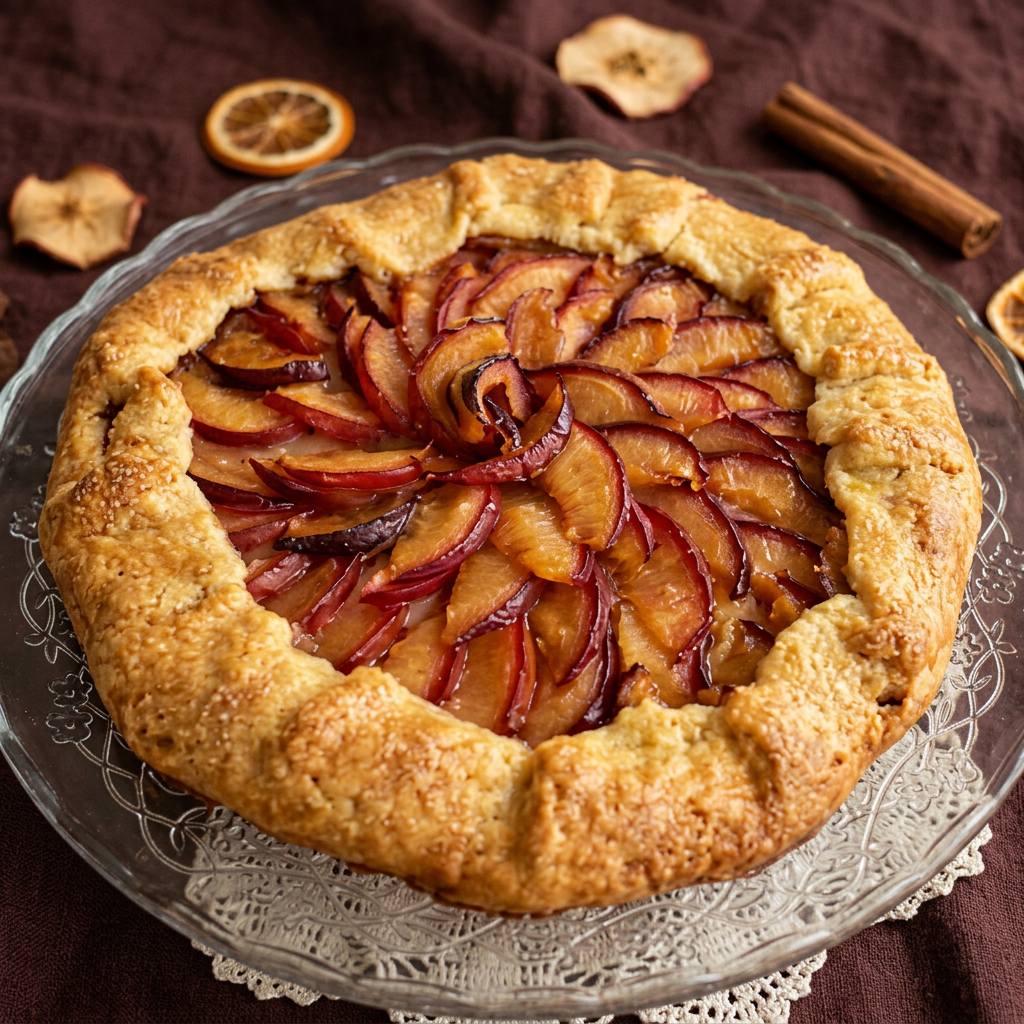 Spiral-sliced plum galette on a glass stand with a lace doily — rustic European fruit galette from Mama Rozi's Bakehouse in LaGrange, KY