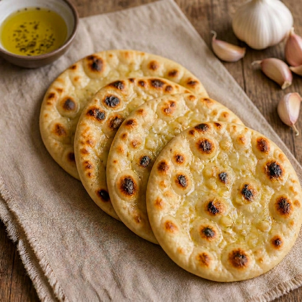 Garlic Naan — Pillowy flatbread blistered on the griddle, brushed with garlic butter. Pack of 4. Available to order for pickup from Mama Rozi's Bakehouse, LaGrange, KY.