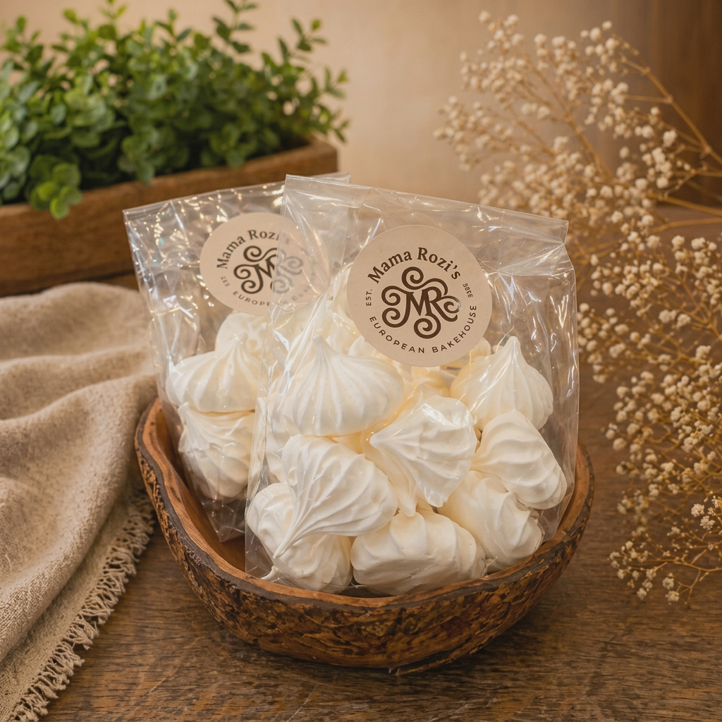 Meringues — Light, crisp meringues that melt in your mouth — 25 for $10. Choose Nutella, Vanilla or Coffee. Available to order for pickup from Mama Rozi's Bakehouse, LaGrange, KY.